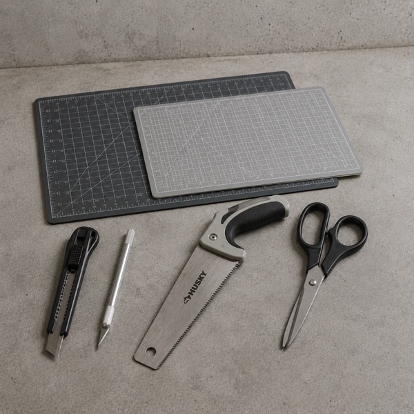 Two cutting mats with a utility knife, hobby knife, hand saw and scissors.