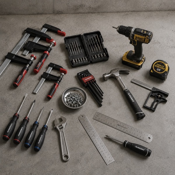 A cordless drill, clamps, screwdrivers, a hammer, wrenches, drill bits and rulers laid out on concrete.